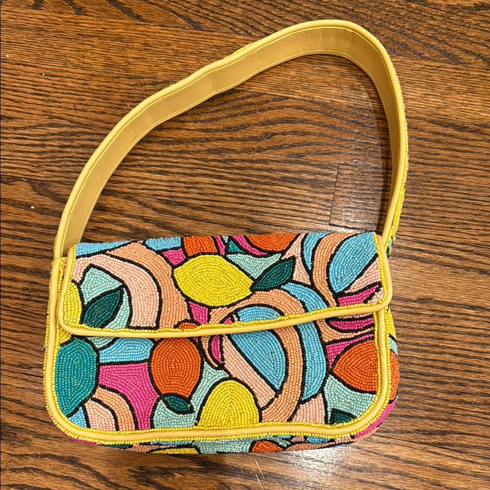 STAUD Tommy Yellow and Blue Beaded Shoulder Bag